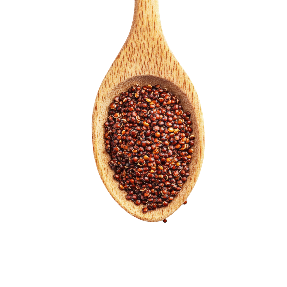 Red quinoa seeds displayed in a wooden spoon on a clean transparent background showcasing their vibrant color and texture, red quinoa isolated on transparent background png