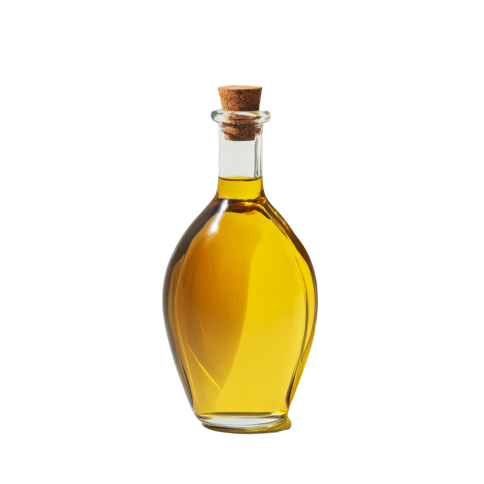 Elegant oil bottle on a transparent background showcasing its golden contents and graceful shape, Oil bottle on transparent background png