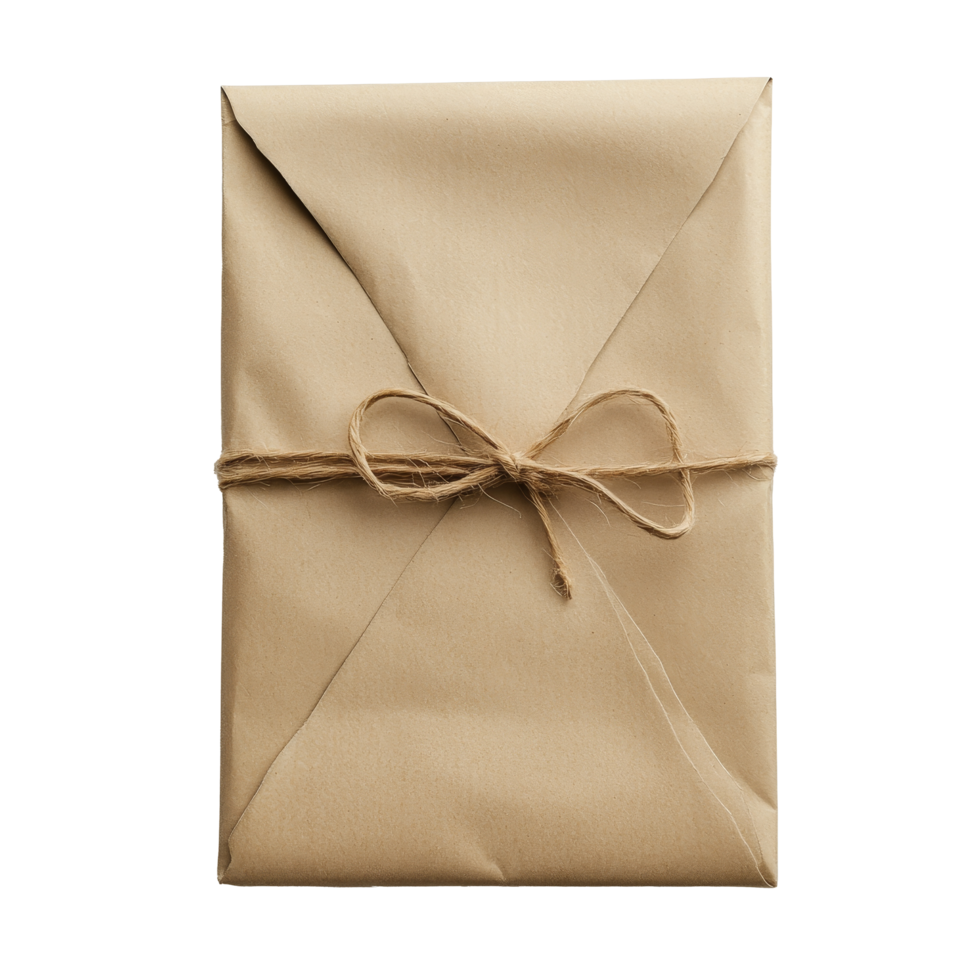 Wrapped paper packet tied with twine on a clean transparent background showcasing simple and minimalistic packaging style, paper packet on a transparent background png