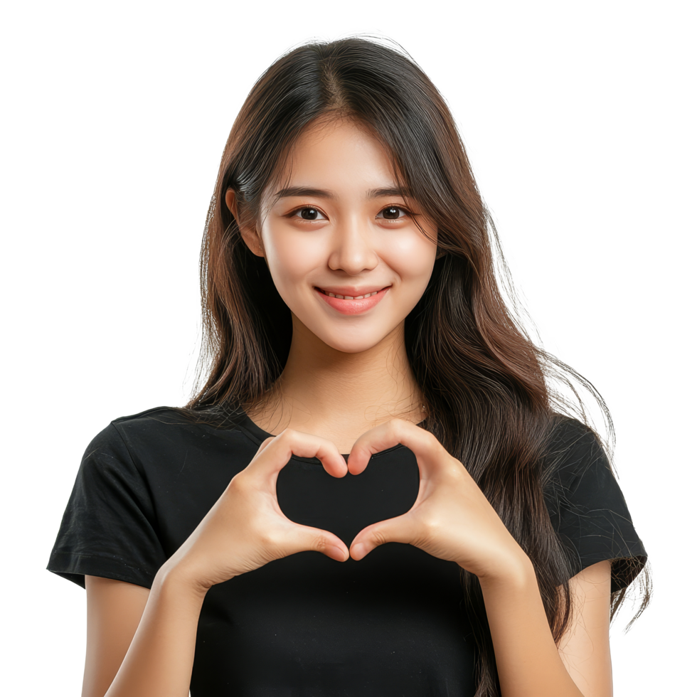 Young Asian woman making heart shape with hands against a bright transparent background while smiling, Young Asian woman shows mini heart fingers on , transparent background, isolated on transparent background format. png