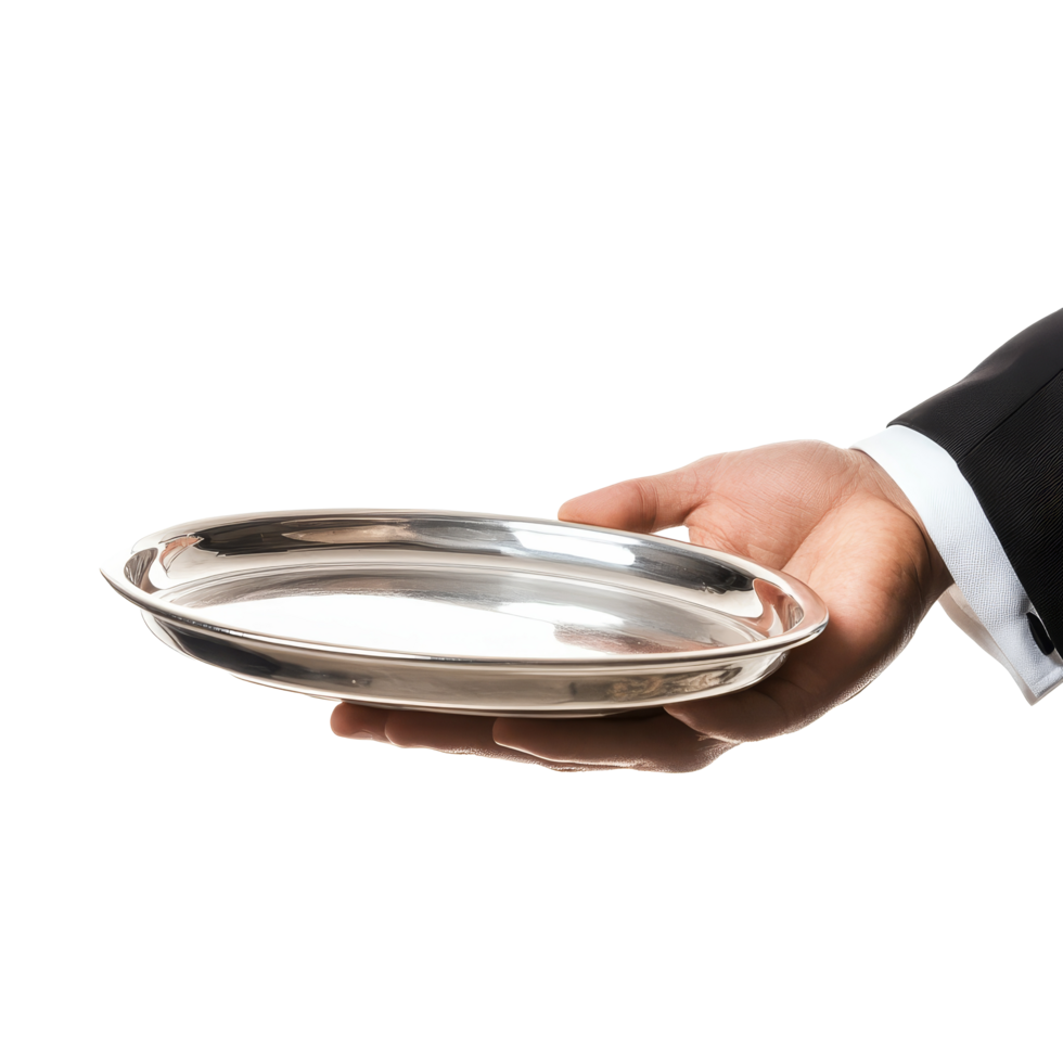 A butler's hand presenting a polished silver tray against a transparent background for elegant service, butler's hand with silver tray isolated on transparent background png