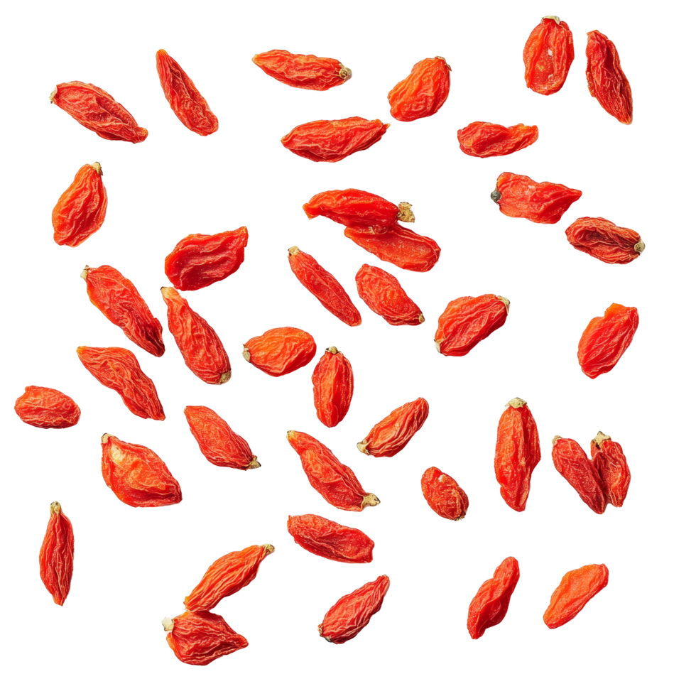 Dried goji berries scattered on a transparent background revealing their vibrant color and unique shape, dried goji berries on transparent background png