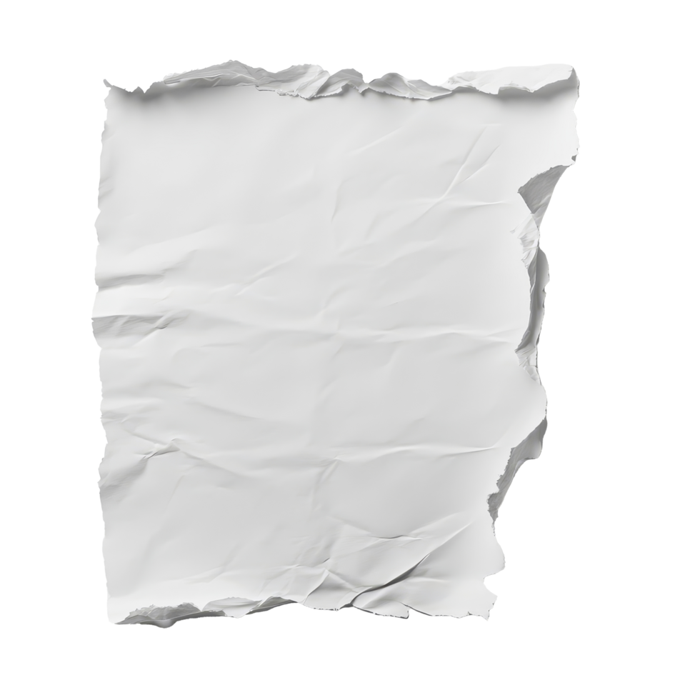 A close-up of a crumpled, torn sheet of transparent paper on a clean transparent background showing texture and imperfections, transparent torn sheet of paper on transparent backgroundfile png