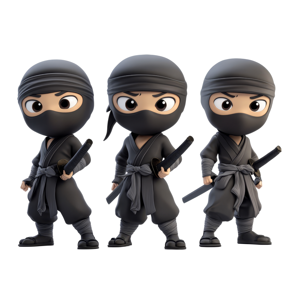 Three cartoon ninjas stand confidently against a transparent background showcasing their skills, 3D Cartoon Ninja Characters on transparent background png