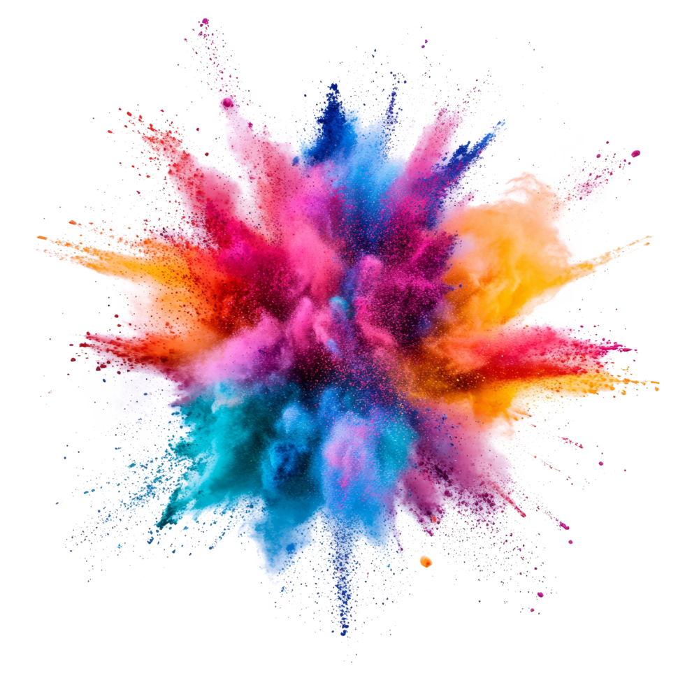 Colorful explosion of vibrant color powder against a transparent background creating a stunning visual display, colorful color powder explosion isolated on transparent background png