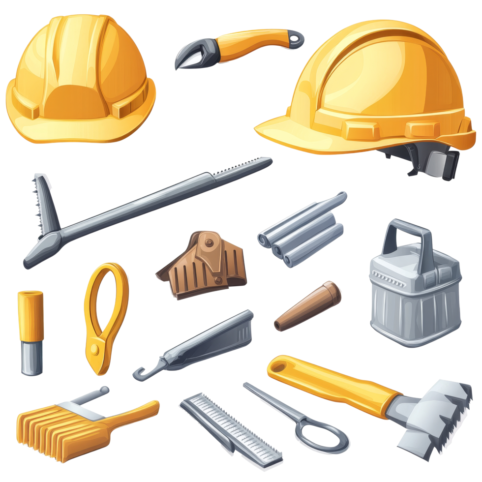 Essential construction tools and a safety helmet arranged for a building project in an outdoor setting, Construction tools with safety helmet Stock Illustration png
