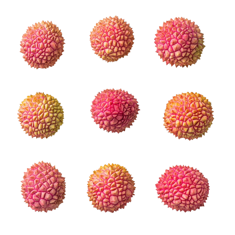 Top view of fresh lychee fruits arranged in a grid on a clean transparent background, Top view of lychee isolated on transparent background png