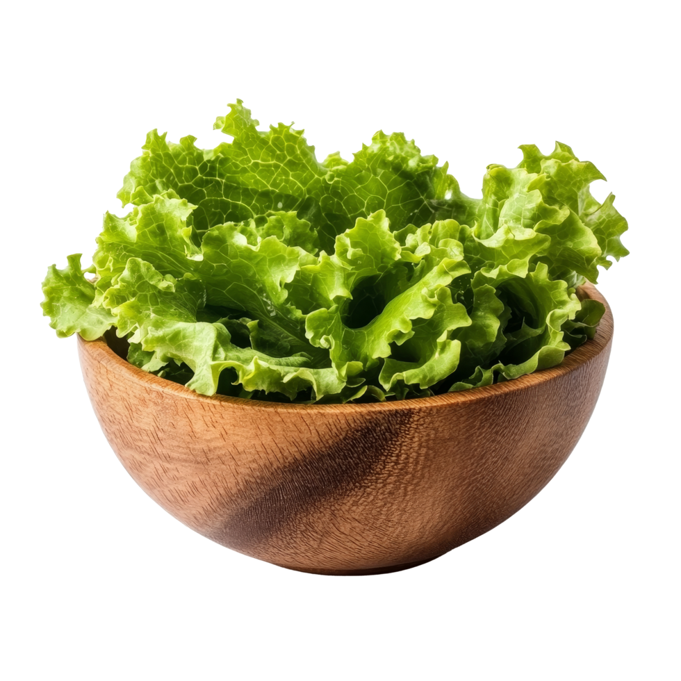 Fresh green lettuce leaves in a wooden bowl arranged on a transparent background for a healthy meal option, lettuce leaf in wood bowl isolated on transparent background png