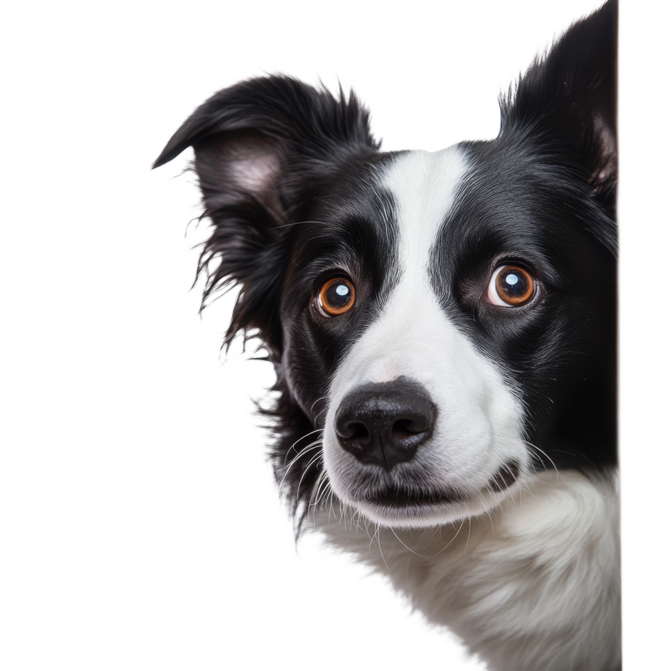 A Border Collie peeking around a corner, curious and playful in a bright setting, Border Collie Hiding and Sneaking Head Out Isolated on transparent background png