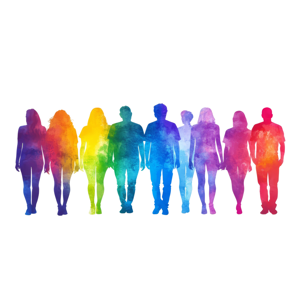 Colorful line of diverse individuals standing together against a transparent backdrop symbolizing unity and inclusivity, Colorful Diversity Line of People on transparent background png