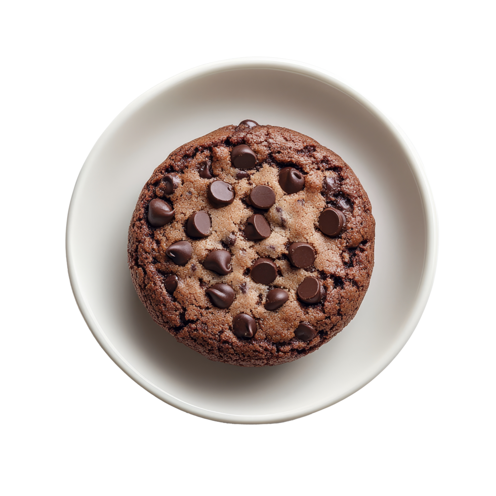 Freshly baked chocolate chip cookie presented on a simple transparent plate against a clean transparent background, Chocolate chip cookie in a plate isolated on transparent background png