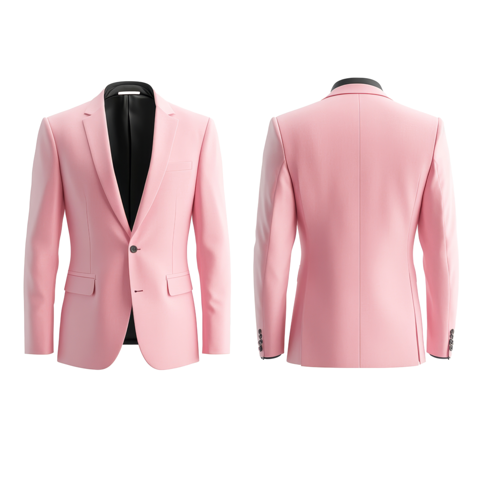Elegant pink suit jacket mockup showcasing both front and back views for modern styling options, Elegant Pink Suit Jacket Mockup from Front and Back Views on transparent background png