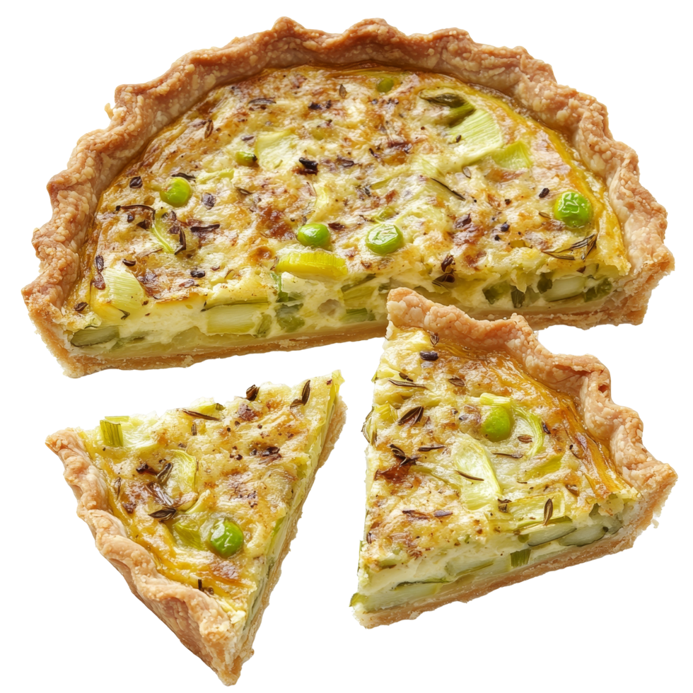 Delicious leek quiche slices served on a clean transparent background, perfect for a light meal or snack anytime, Leek Quiche Slices on transparent background png