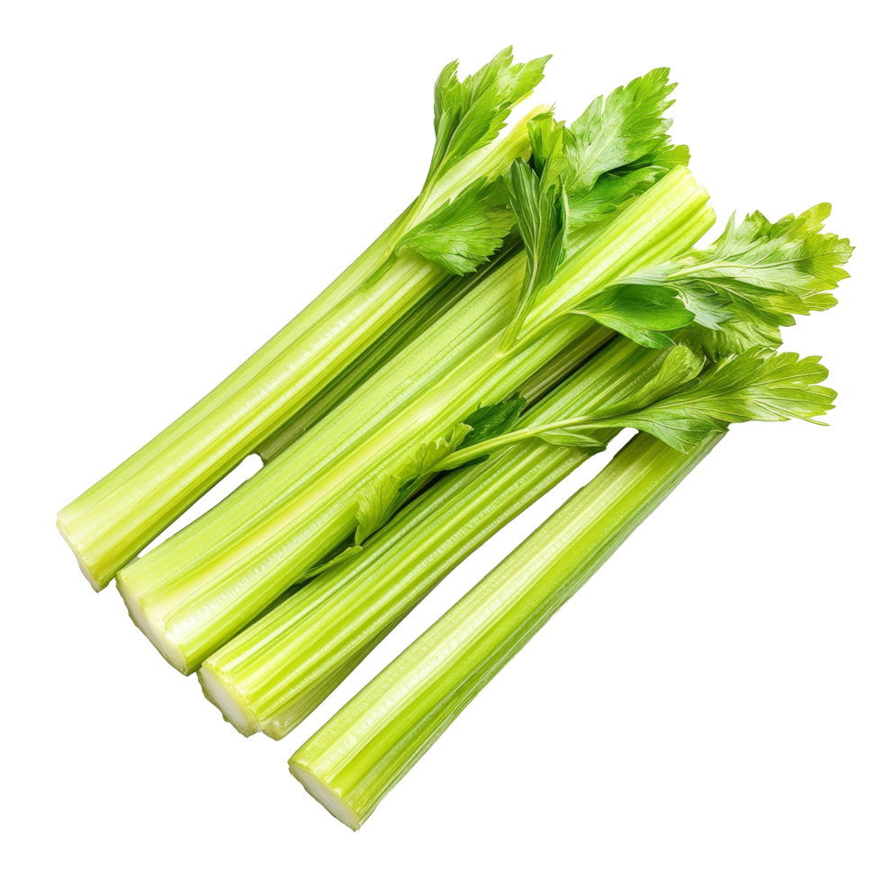 Fresh celery sticks displayed against a clean transparent background with vibrant green hues emphasizing their freshness and crispness, Celery sticks. on transparent background png