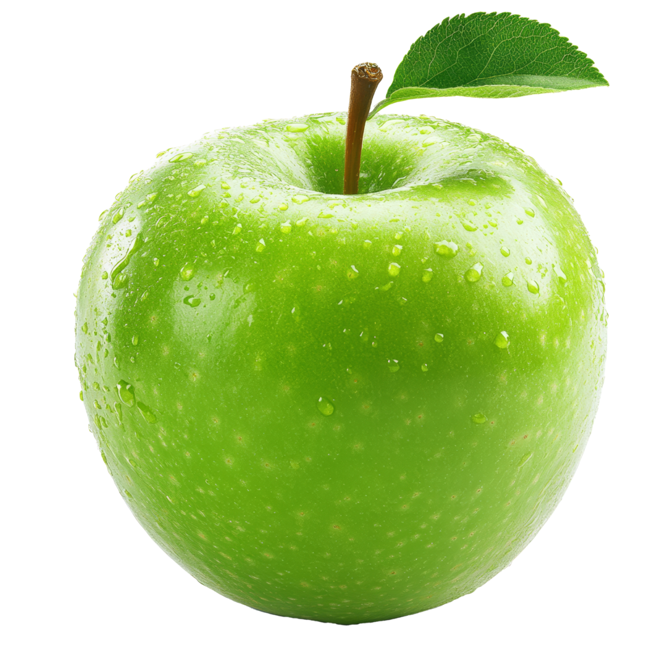 A fresh green apple with water droplets sitting on a transparent background, showcasing its vibrant color and natural texture, Green apple on a transparent background png