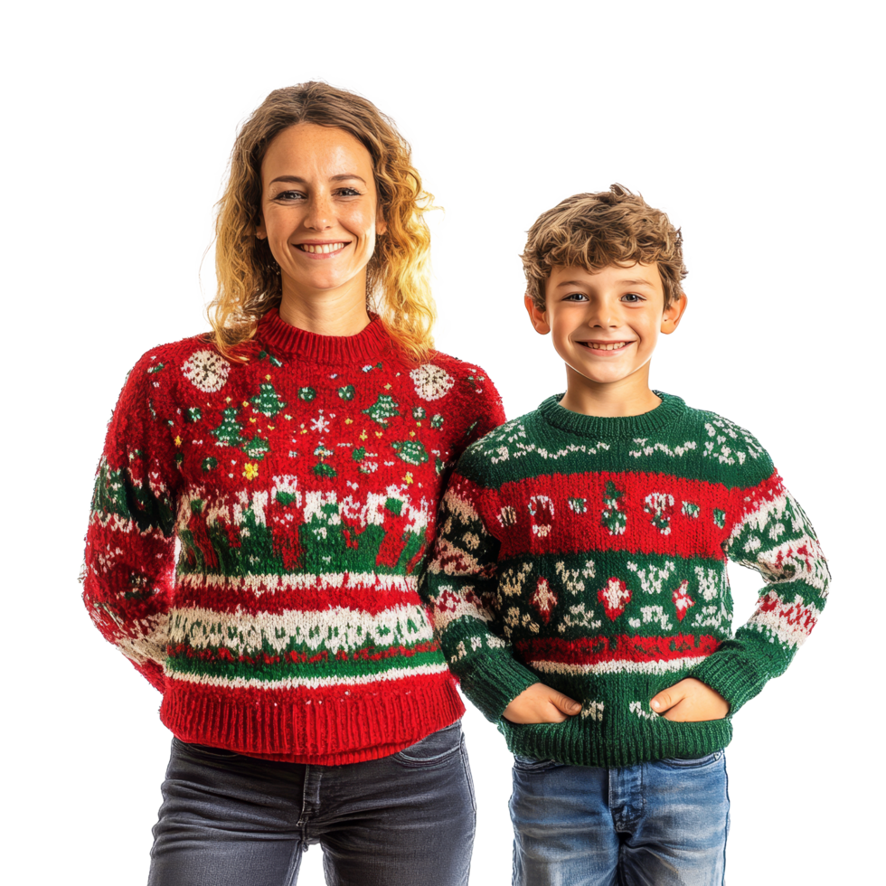 Mother and son pose together in matching Christmas sweaters against a bright transparent background, Mother and Son in Christmas Sweaters On transparent background png
