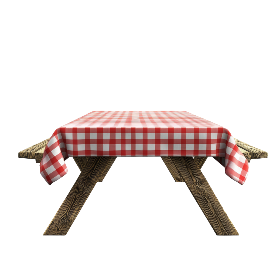 A picnic table with a red checkered tablecloth ready for outdoor dining and gatherings on a sunny day, Picnic Table with Red Checkered Tablecloth on transparent background png
