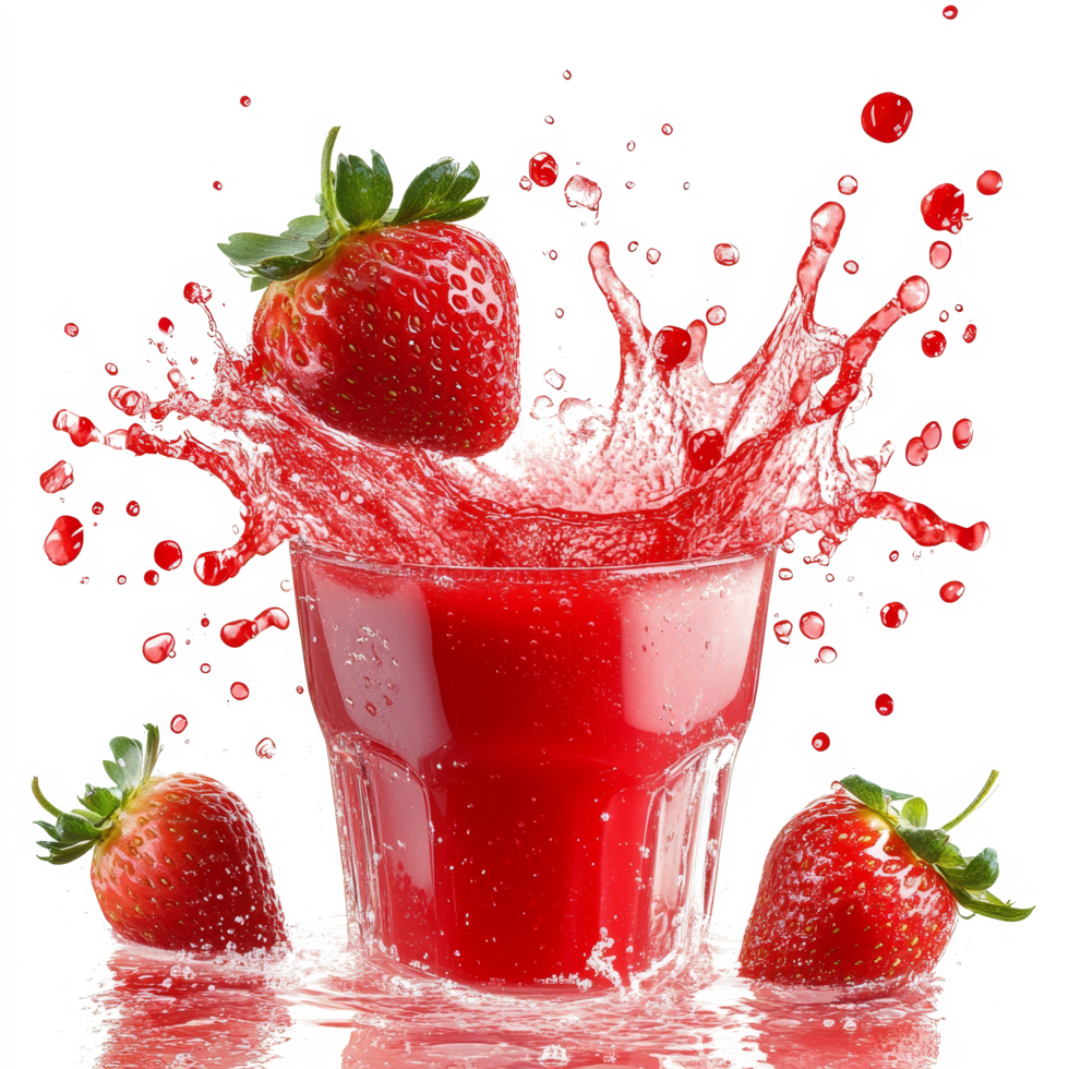 Fresh strawberry juice splashing with ripe strawberries isolated on a transparent background, Strawberry juice splashing with its fruits isolated png