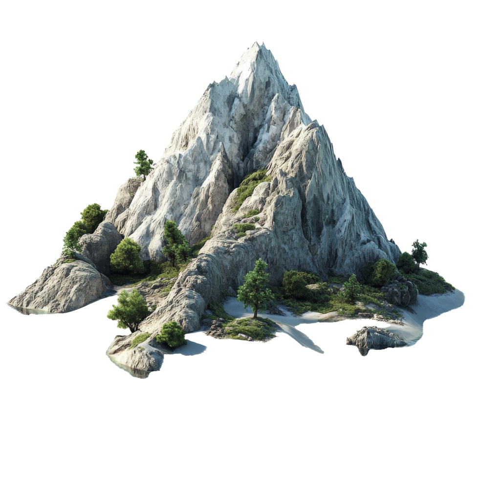 A majestic mountain island with lush greenery surrounded by calm waters on a bright transparent background, Mountain Island on transparent background png