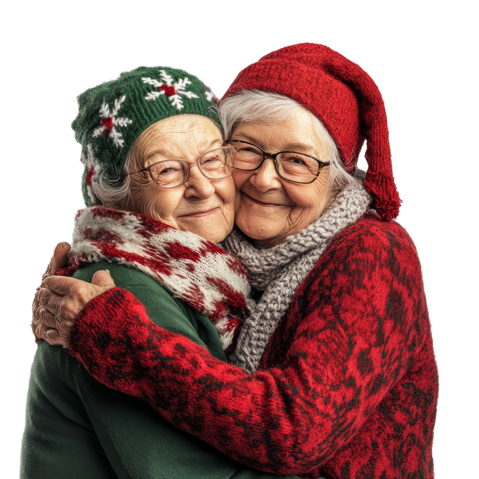 Two elderly women embracing joyfully in festive attire against a transparent background during Christmas, Elderly Women christmas Hugging On transparent background png