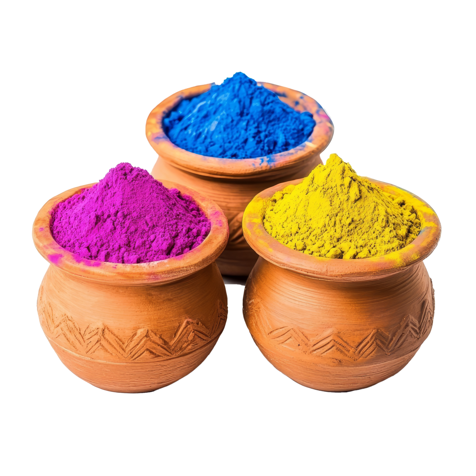 Vibrant Holi powders in ethnic clay pots displayed on a transparent surface for celebrating the festival of colors, Vibrant Holi Powder Colors in Ethnic Clay Pots On transparent background png