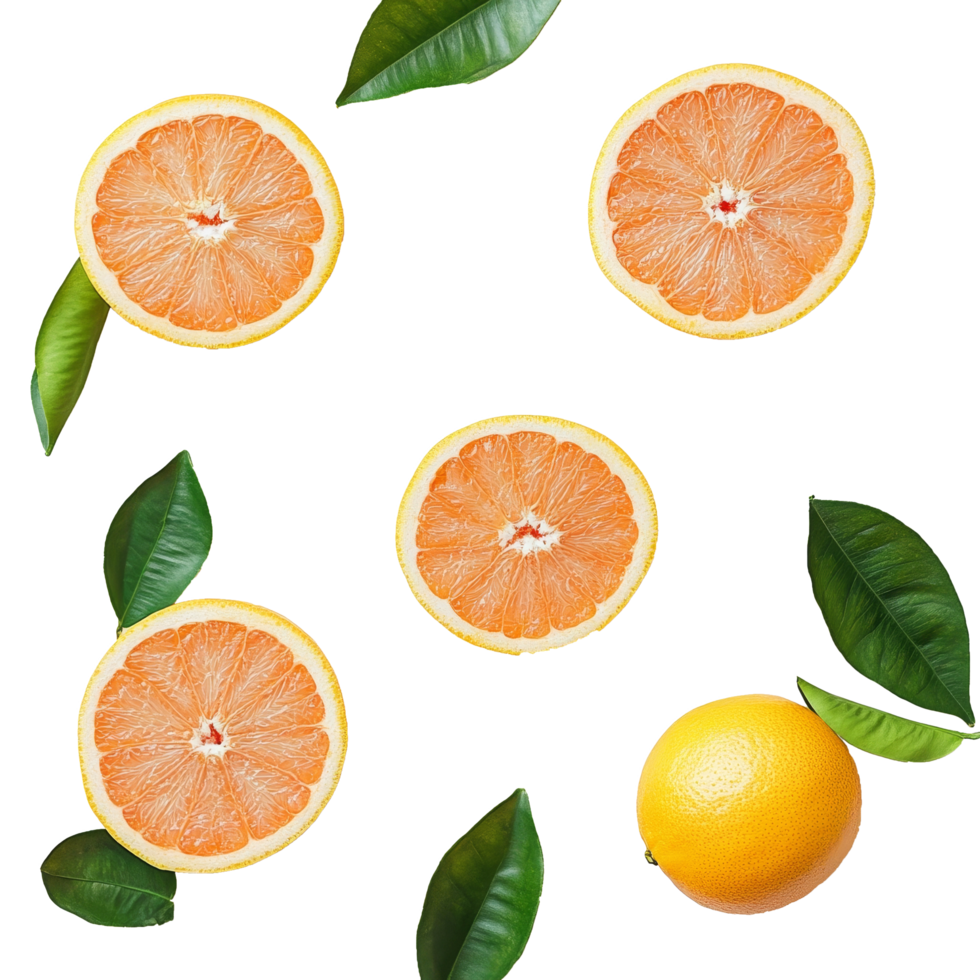 Freshly sliced grapefruit with green leaves on a clean transparent background showcasing vibrant citrus details, grapefruit citrus fruit on transparent background png