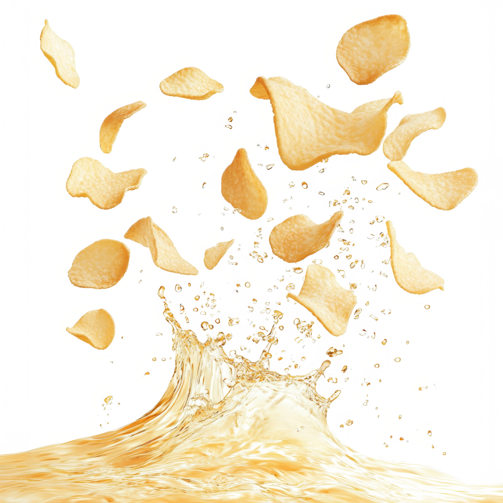 Potato chips splashing into golden liquid, creating dynamic action against a bright transparent background, Potato chips splashing isolated png
