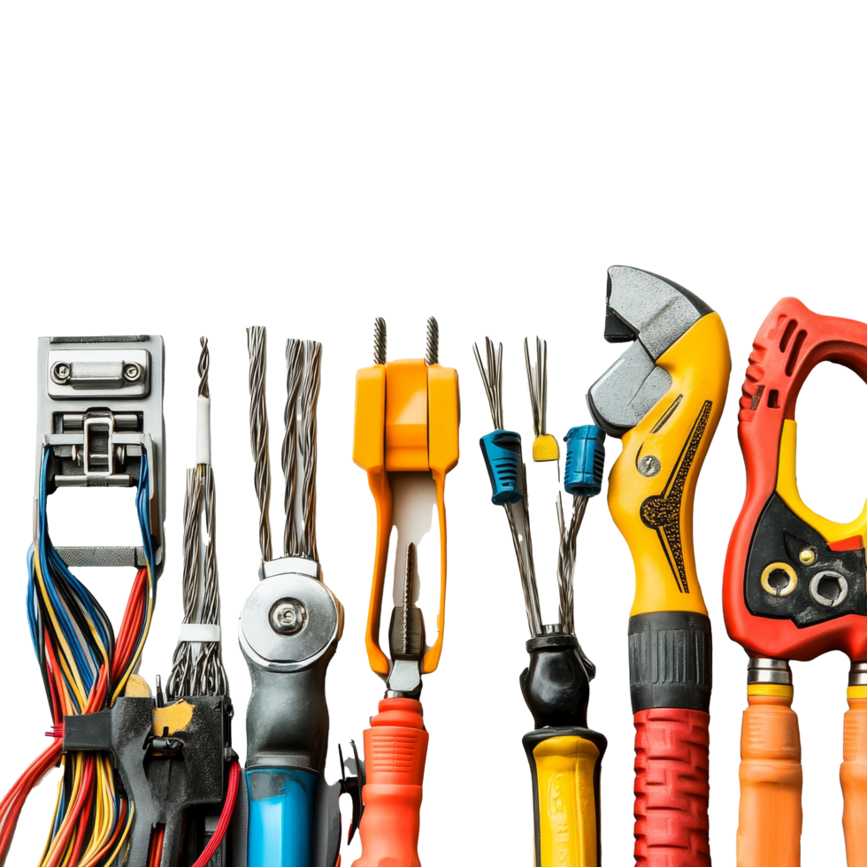 A collection of electrician tools neatly arranged for home improvement and electrical maintenance projects, Group of electrician tools isolated png