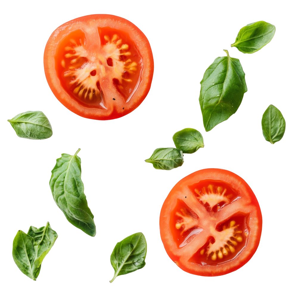 Freshly sliced tomato topped with basil leaves on a clean transparent surface ready for culinary use, slice tomato with leaves on transparent background png