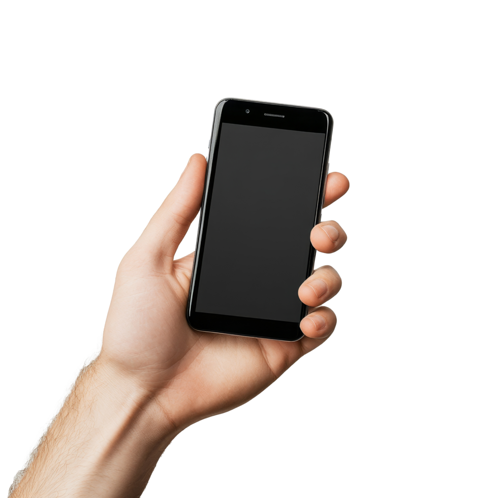 A person holding a blank cell phone on a bright transparent background during daylight hours, hand holding cell phone show on transparent backgroundfile png