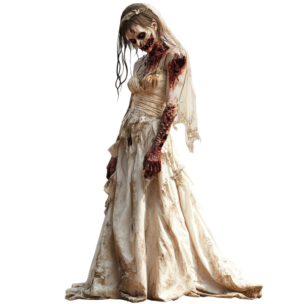Terrifying zombie bride standing alone against a transparent background in a haunting bridal gown, Scary zombie bride isolated on transparent background png