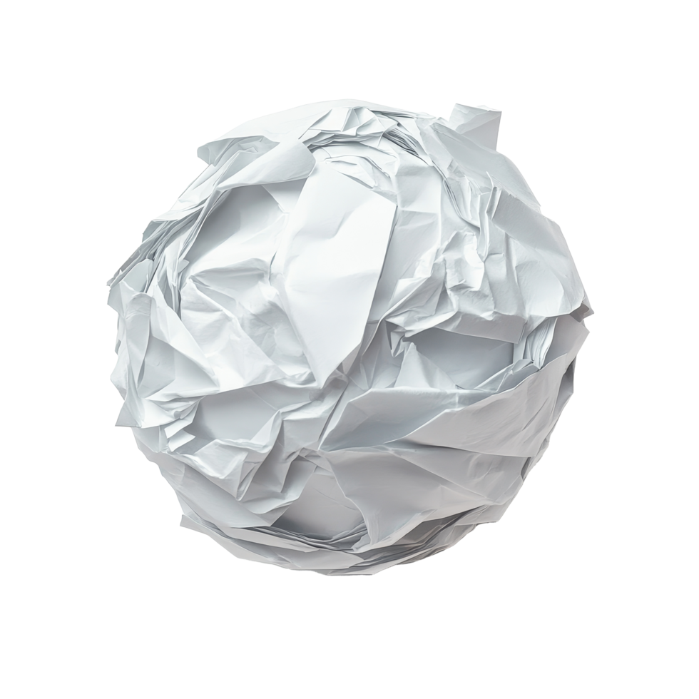 Crumpled paper ball resting on a clean transparent background with natural light highlighting its texture and shape, Crumpled paper ball on transparent backgroundfile png