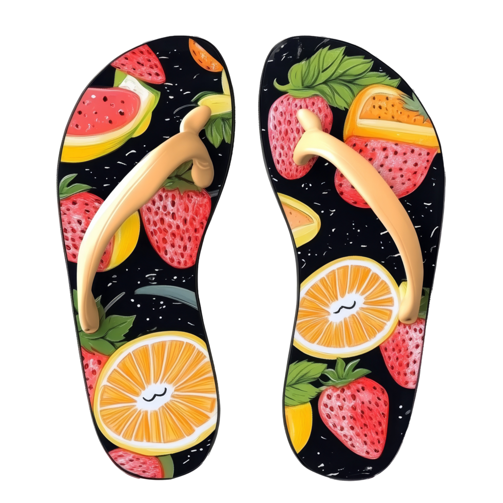 Fruity patterned beach sandals in transparent design ideal for summer outings and beach activities, A pair of women beach sandals with fruity pattern,isolated transparent background png