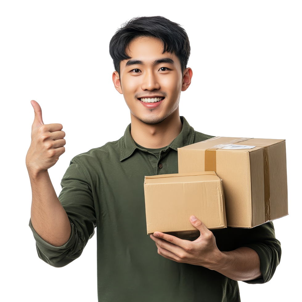Cheerful young Asian man gives a thumbs up while holding a package indoors during the daytime, Happy young Asian man thumb up and holding package parcel boxs isolated on transparent background png