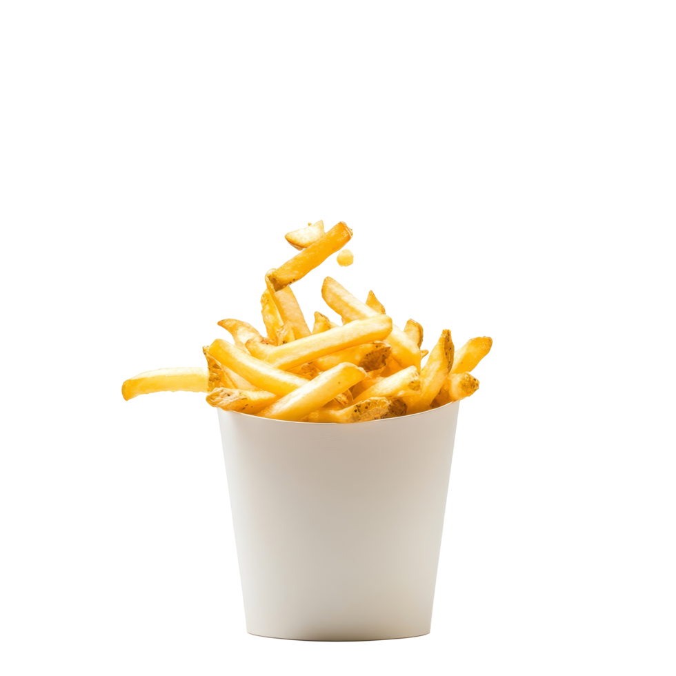 Crispy French fries exploding from a paper bucket against a clean, transparent background, French fries flying out of paper bucket isolated on a transparent background png
