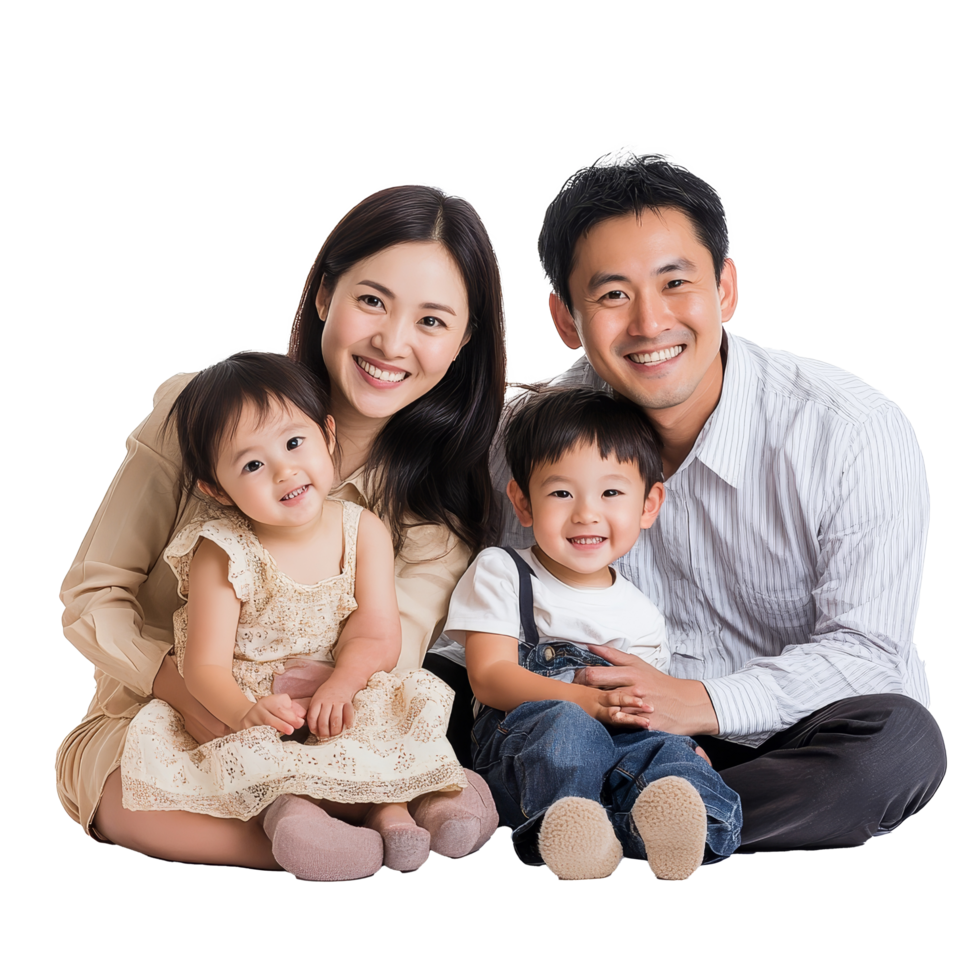 Happy Asian family enjoying quality time together on a transparent background with their young children, Happy Asian family isolated on transparent background, Happy family enjoying together png