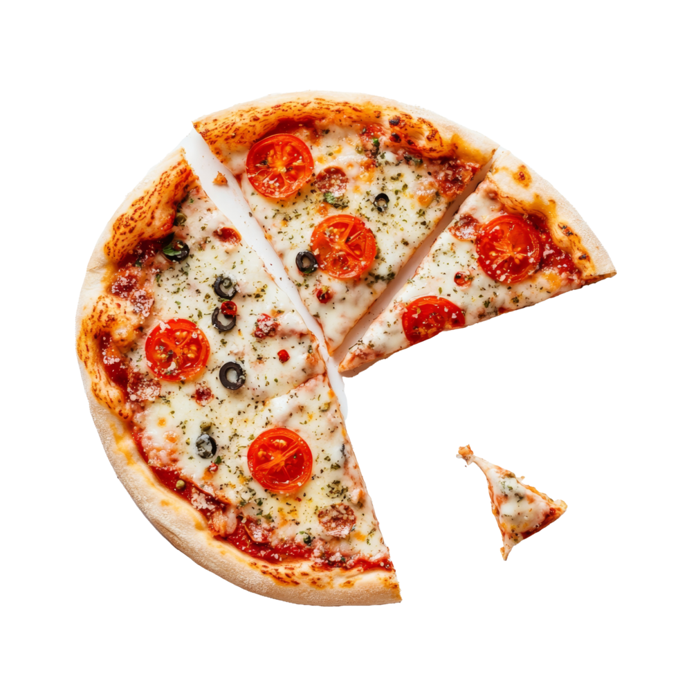 Delicious pizza with tomato and olives cut into slices on a transparent background, perfect for a casual meal or gathering, pizza on transparent background png