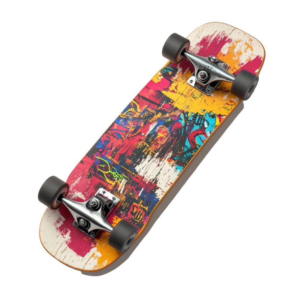 Vintage skateboard adorned with vibrant graffiti on a clean transparent background showcasing artistic flair, Vintage Skateboard with Graffiti on transparent background png
