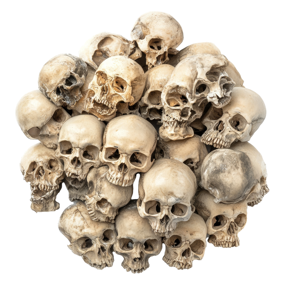 A detailed view of a large pile of human skulls isolated on a transparent background for artistic or educational purposes, pile of skull isolated on transparent background png