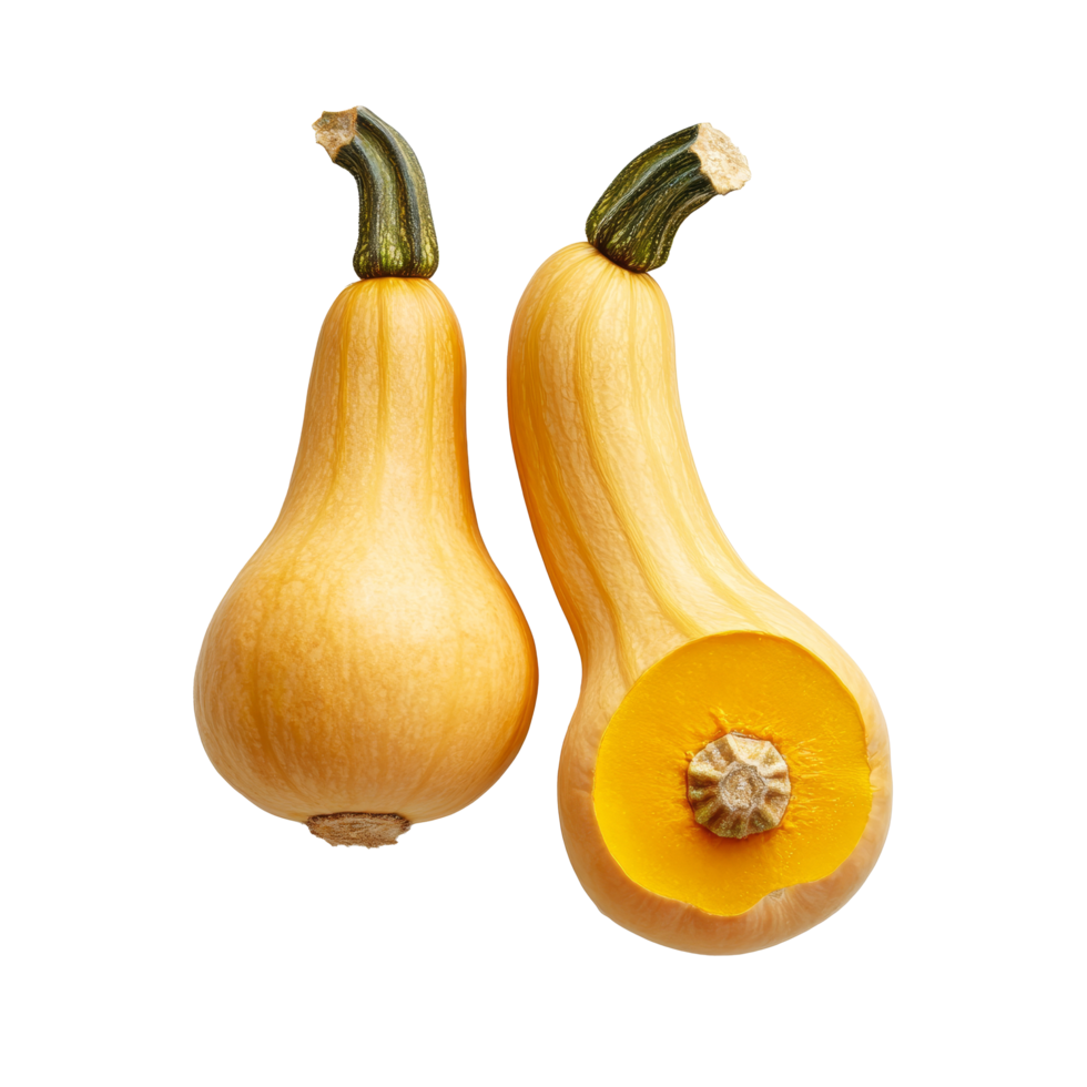 Butternut squash halves showcased on a clean transparent background, emphasizing vibrant colors and unique shapes, butternut squash on transparent background png