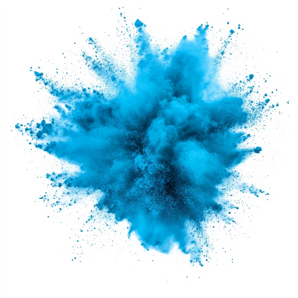 Cyan color powder explosion creates dynamic cloud on a transparent background with distinct textures and vibrant hues, cyan color powder pulver explosion isolated on transparent background png