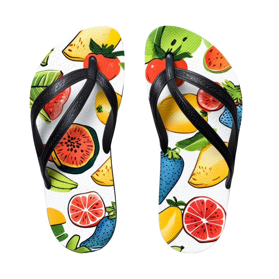 Bright transparent beach sandals featuring a vibrant fruity pattern for sunny summer days, A pair of women beach sandals with fruity pattern,isolated transparent background png