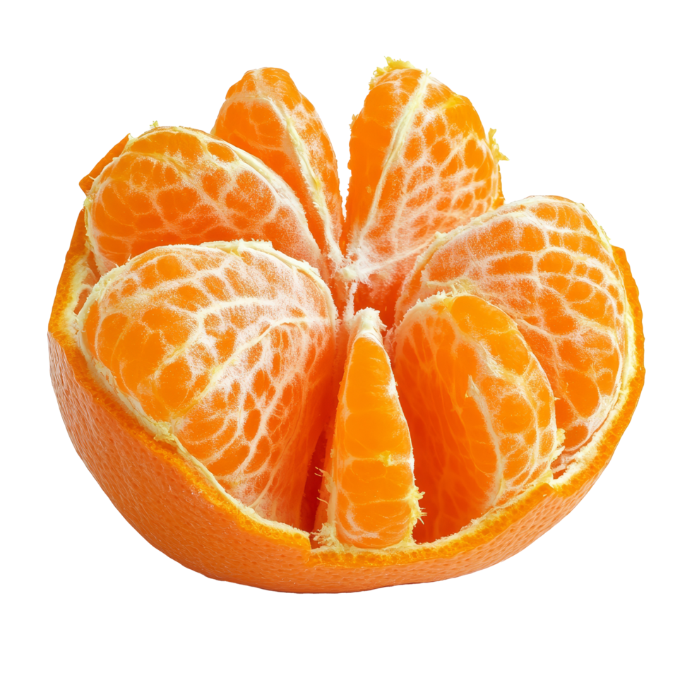 Fresh peeled tangerine wedges placed against a clean transparent background for a vibrant and appetizing display, Fresh peeled tangerine isolated on transparent background png