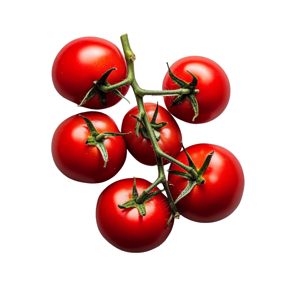 Fresh vine-ripened tomatoes clustered together on a clean, transparent background highlighting their vibrant red color, Fresh tomatoes on transparent background png