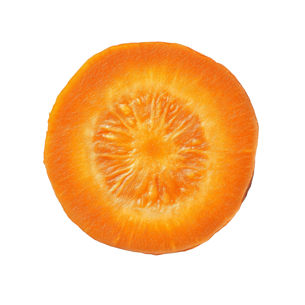 Fresh carrot slice isolated on a clean transparent background showcasing vibrant orange color and unique texture, Carrot slice top view isolated on transparent background png