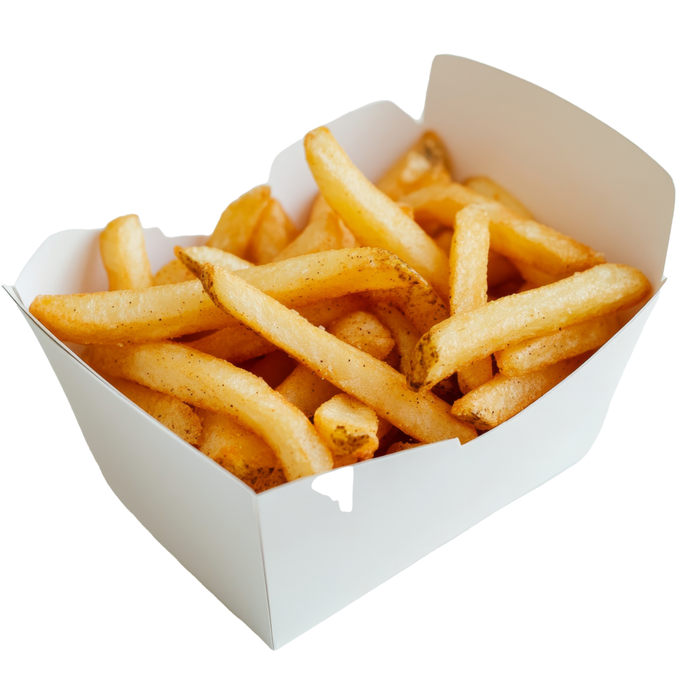 Crispy French fries served in a plain transparent paper box on a clean surface ready for snacking or sharing, French fries in a transparent paper box png