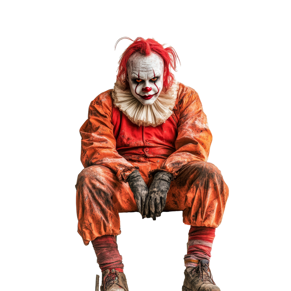 A creepy clown sitting silently on a chair against a stark transparent background, evoking an eerie atmosphere in focus, Scary Clown Sitting on Chair Isolated on transparent background png