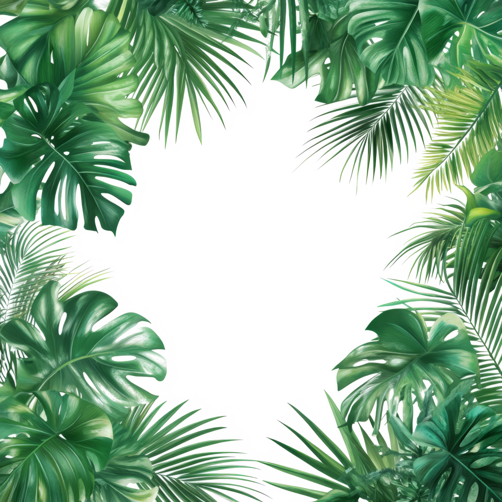 Tropical palm leaves create a lush green frame on a bright transparent background for a fresh, vibrant look, green botanical tropical palm leaves frame on transparent background png