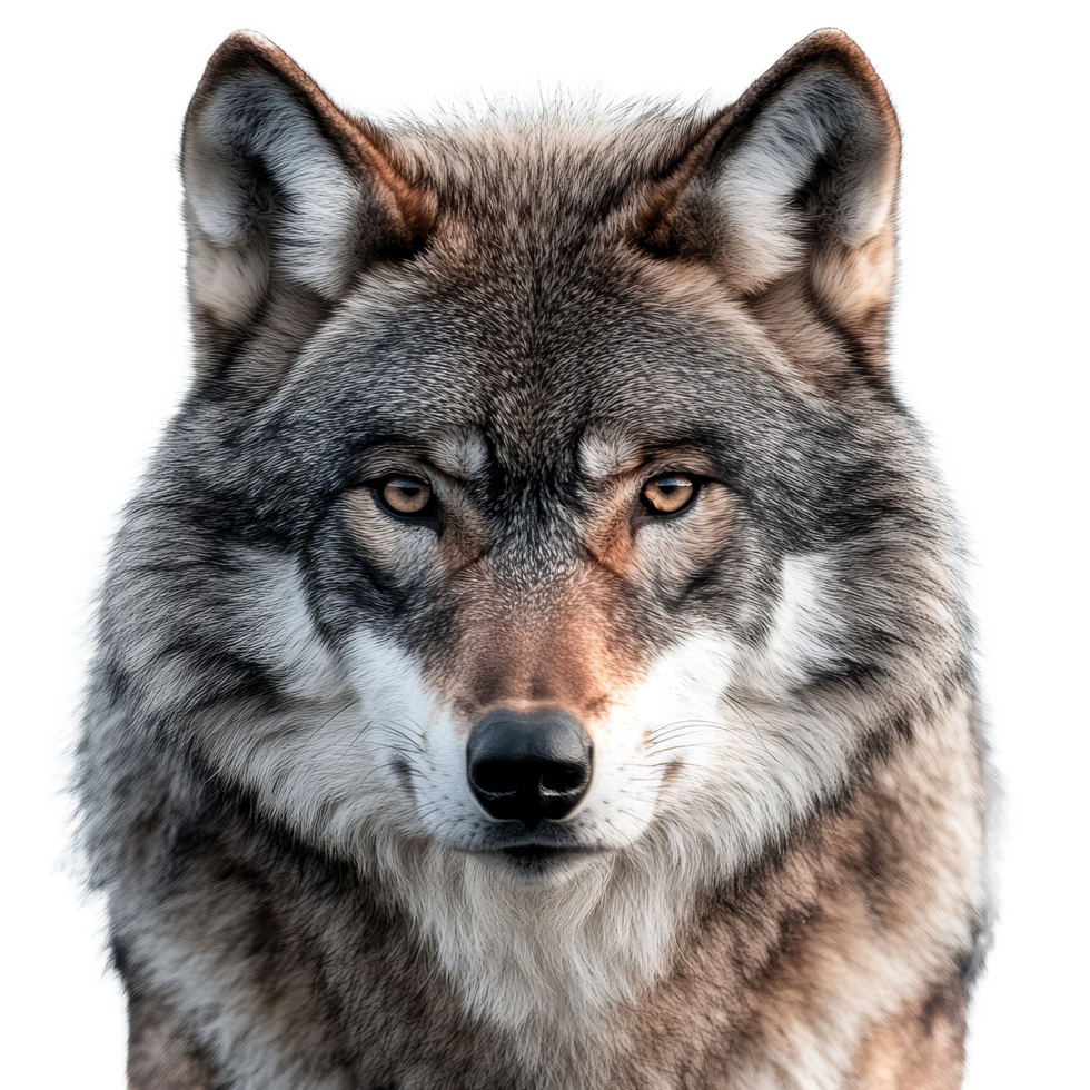 Close-up view of a wolf's face isolated on a transparent background capturing its fierce expression and details, wolf, face shot isolated on transparent background, beautiful, png