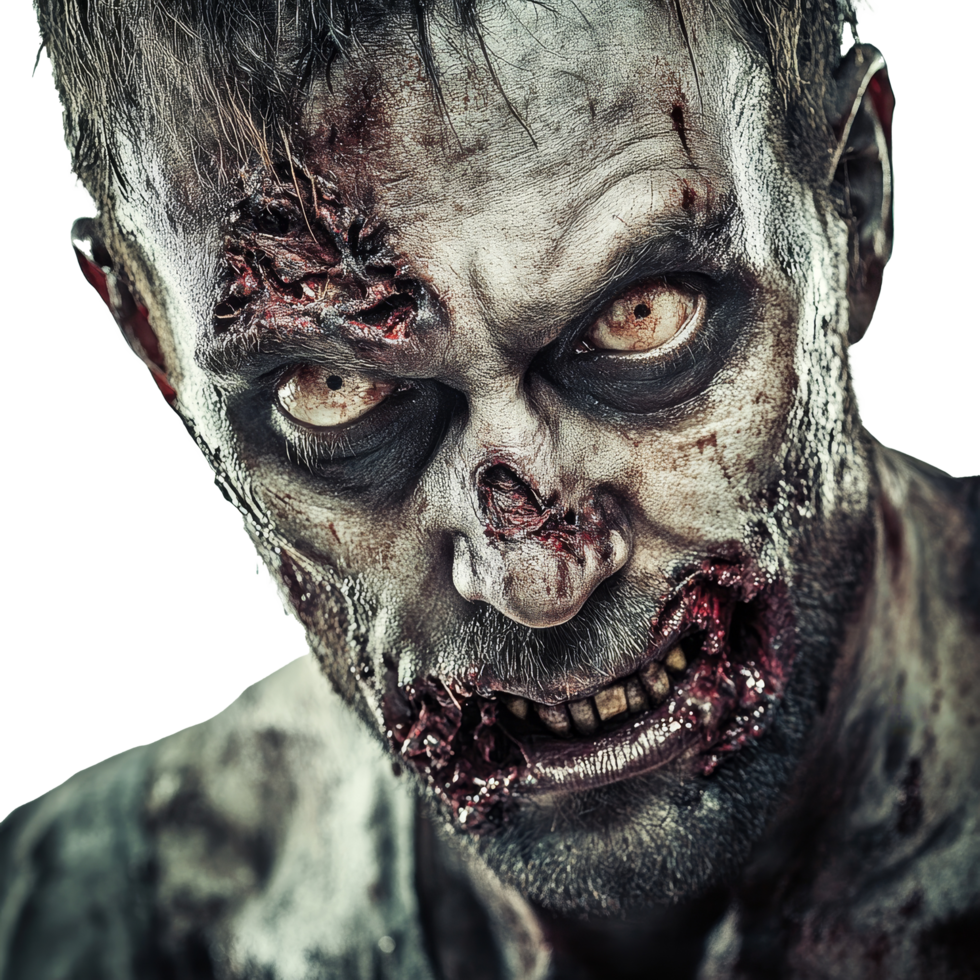 A terrifying close-up of a zombie with haunting features and decayed skin, set against a transparent transparent background, CloseUp of a Scary Zombie Horror Concept on transparent background png